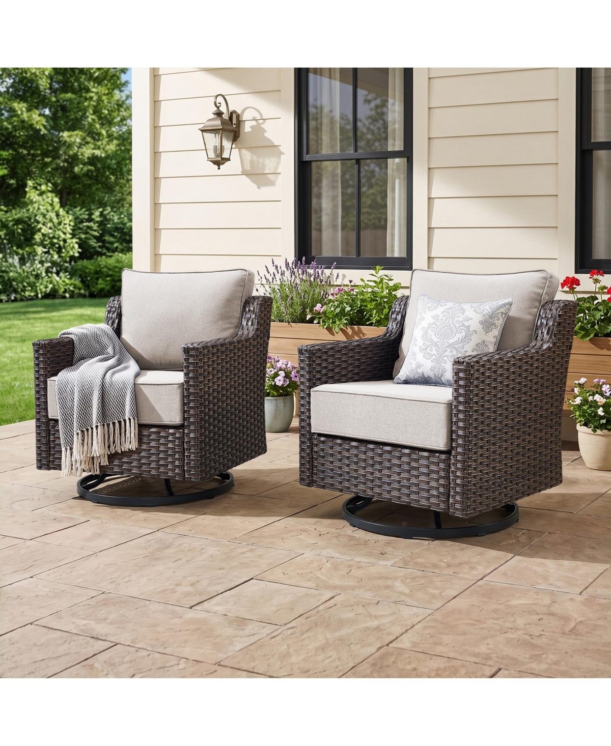 Pocassy Horiz Swivel Premium All-Weather Wicker Outdoor Lounge Chair Set of 2, 6 Inch Thick Cushions