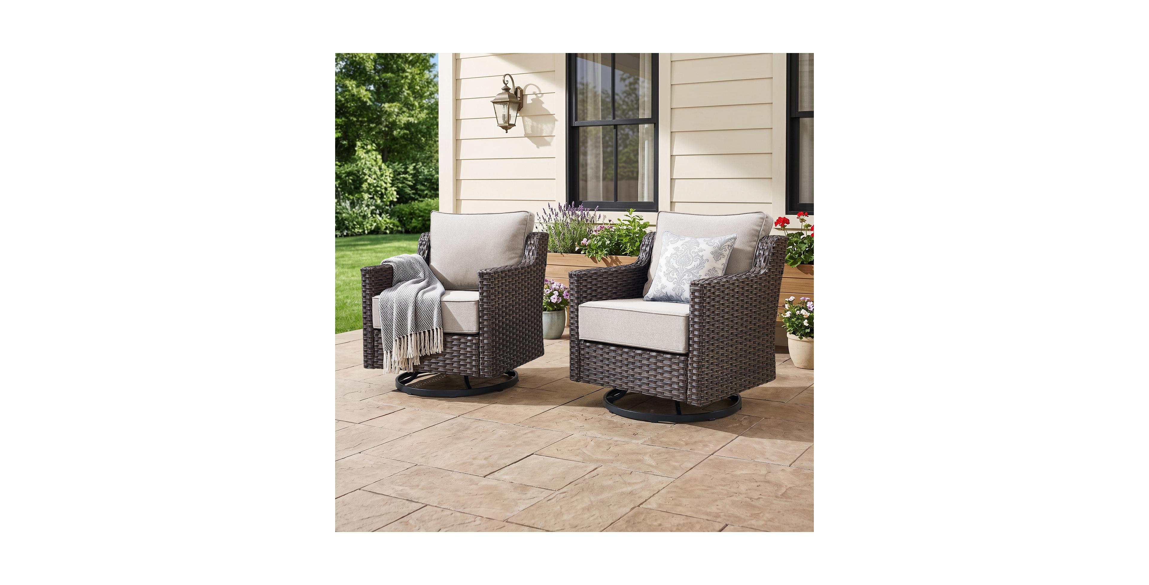 Pocassy Horiz Swivel Premium All-Weather Wicker Outdoor Lounge Chair Set of 2, 6 Inch Thick Cushions