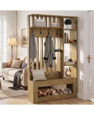 Wall Room Divider with Shelves and Coat Hooks, 5-in-1