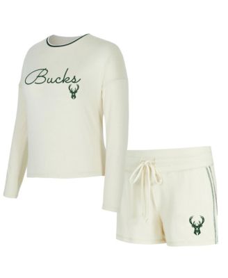 Women's Cream Milwaukee Bucks Kaki Hacci Knit Long-Sleeves Top Shorts Set