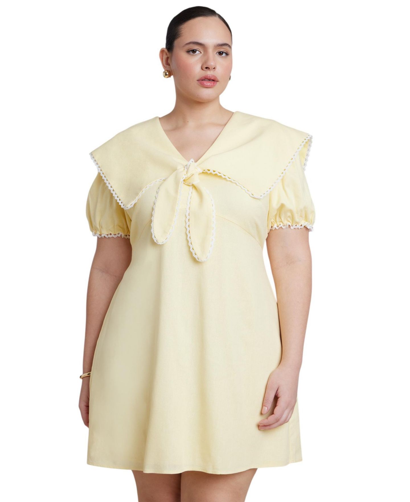 Женское платье ELOQUII Plus Size Sailor Collar Mini, цвет: Сливочный жёлтый — фото 3