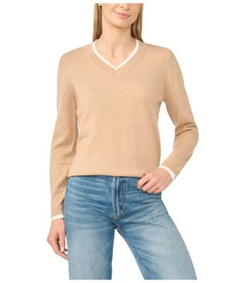 Women's Scallop-Trim V-Neck Long-Sleeve Sweater