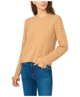 Women's Cable-Knit Crewneck Ruffle-Trim Sweater