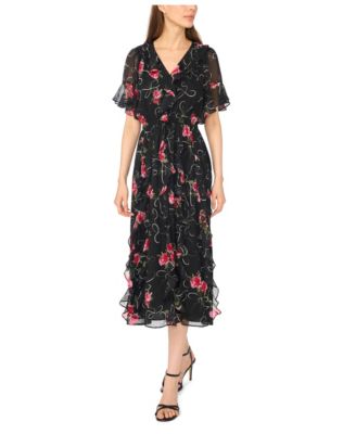 Women's Waterfall Ruffle V-Neck Floral Midi Dress