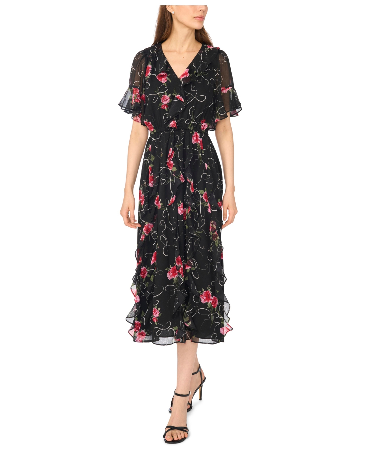 CeCe Women's Waterfall Ruffle V-Neck Floral Midi Dress - Rich Black
