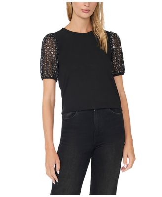 Women's Crewneck Short Sleeve With Mixed Media Sleeve Sequin T-Shirt