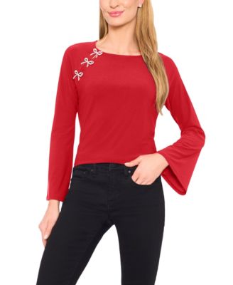Women's Imitation Pearl Bow Long-Sleeve Knit Top