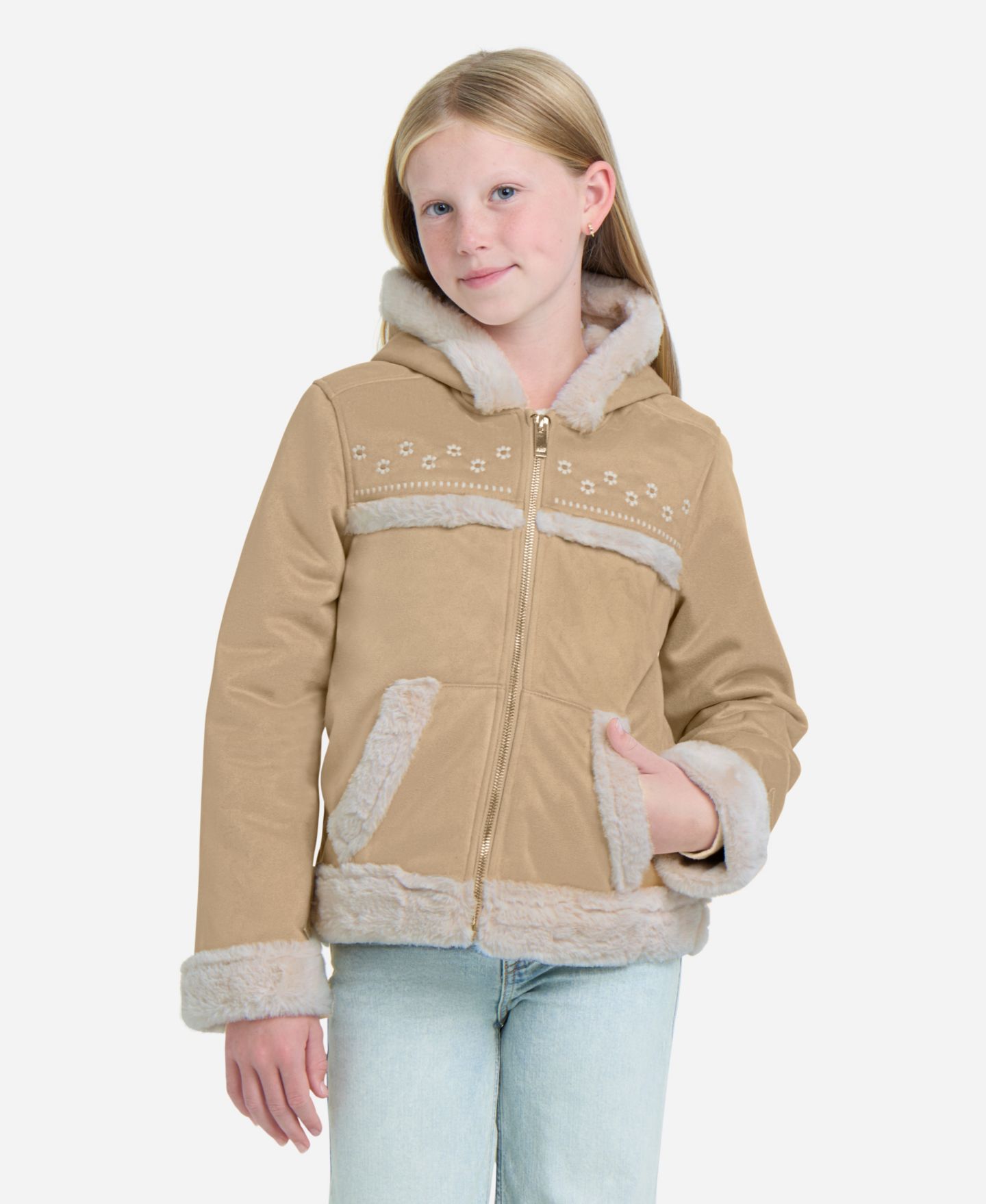 Куртка abercrombie kids AFG Embroidered Jacket With Faux-Fur Trim для девочек, цвет: Бежевый — фото 4