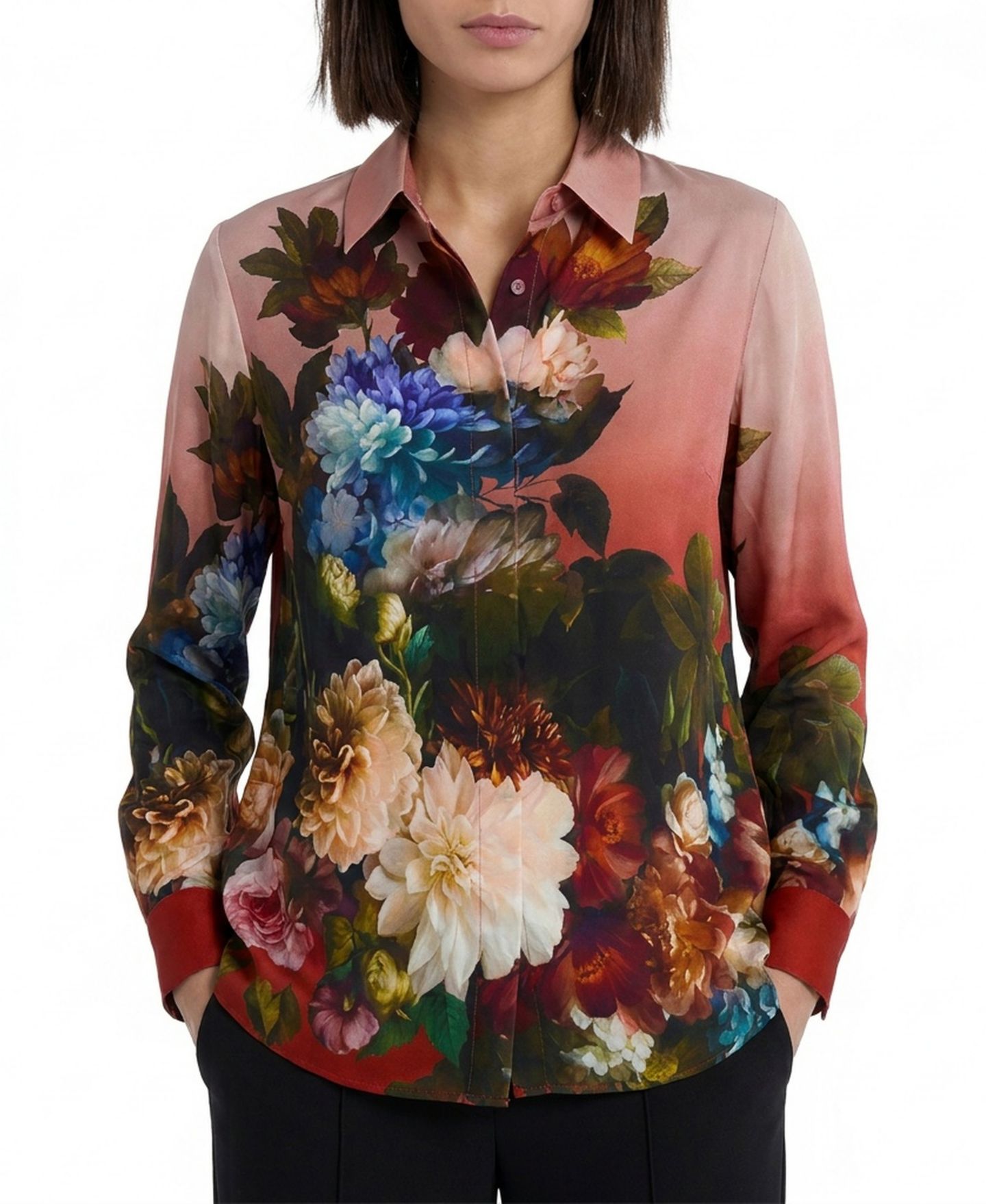 Женская блузка Elie Tahari Shae Long-Sleeve Button-Down Floral-Print, цвет: Тёмно-зелёный — фото 5