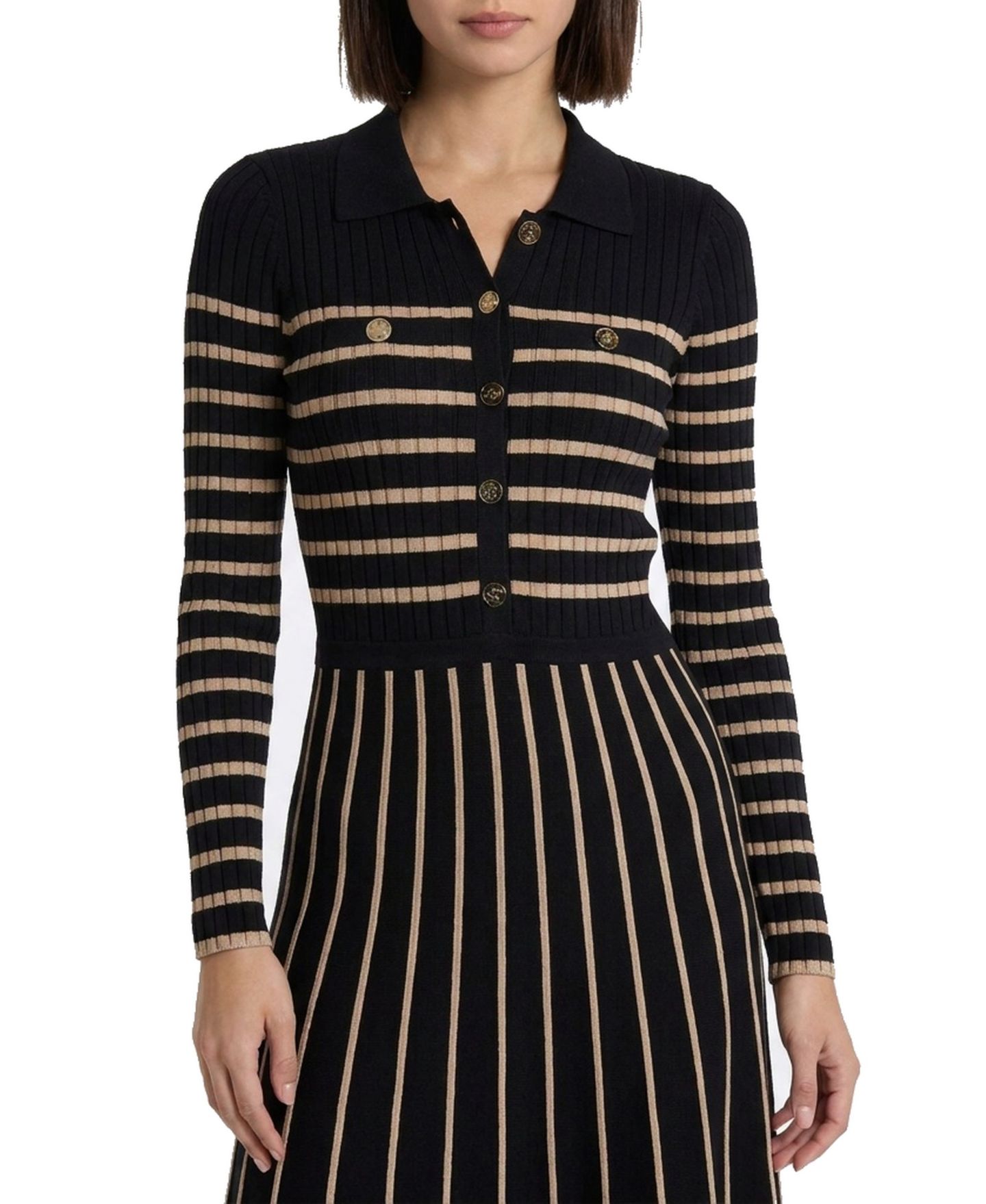 Женское платье Elie Tahari Elodie Long-Sleeve Collared Midi Sweater Dress, цвет: Чёрный / Toasted Saffron — фото 7