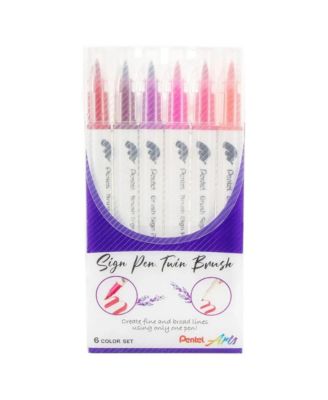 Arts Sign Pen Twin Brush, 6-Pack, Plastic Box