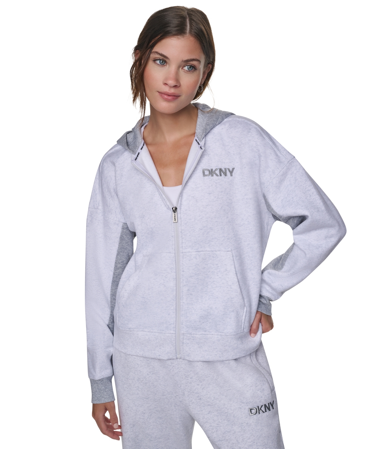 DKNY Women's Metallic Embroidery Logo Oversized Hoodie in Optic Heather/Pearl Grey Size Large