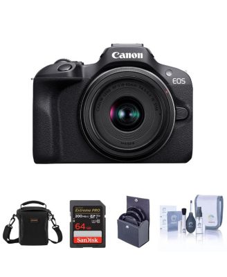 EOS R100 Mirrorless Camera and RF-S 18-45mm f/4.5-6.3 IS STM Lens, Bundle with Memory Card, Shoulder Bag and Filter Kit