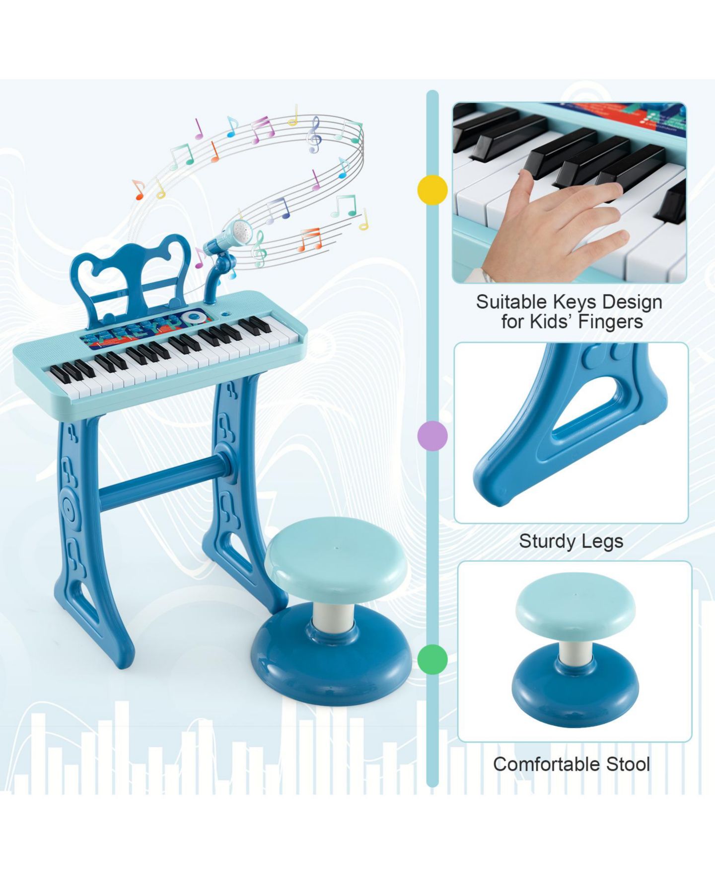 Детские игрушки Mecale 37-Key Kids Piano Keyboard with Microphone and Stool, 4-Piece Set, Ages 3+, цвет: Синий — фото 5