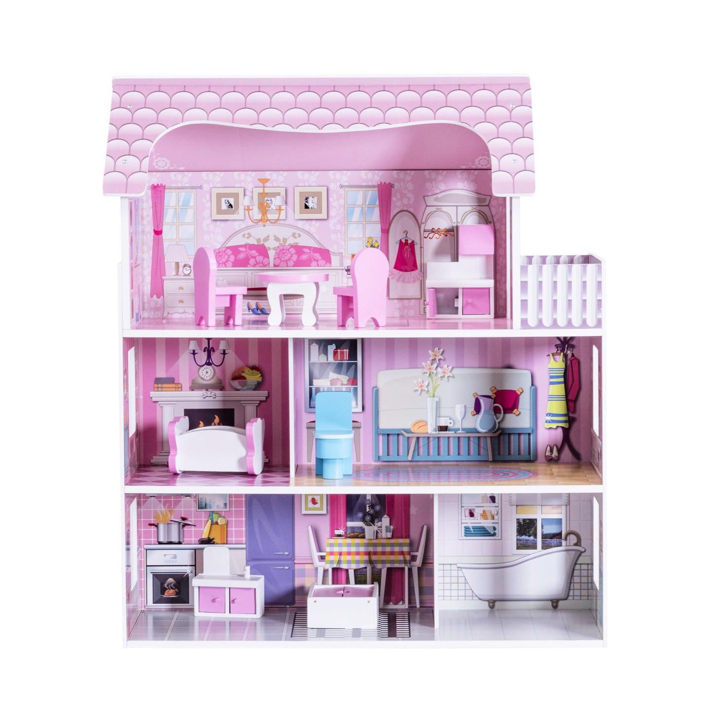 Детские аксессуары для кукол Mecale 28-in 3-Level Dollhouse with 5 Themed Rooms and 8 Furniture Pieces, Ages 3+, цвет: Розовый — фото 1
