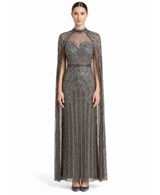 Women's High Neck Beaded Cape Sleeves Gown