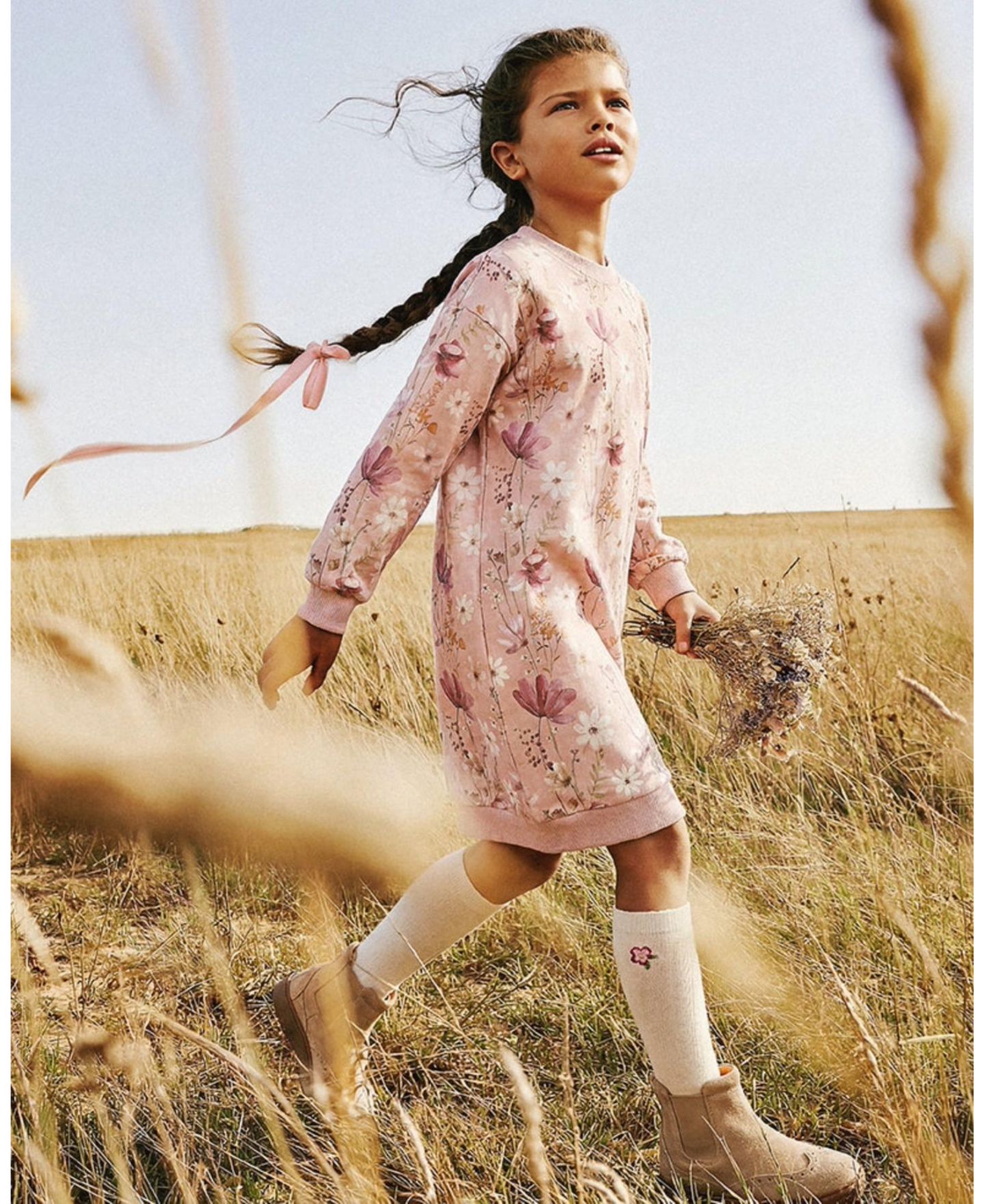 Платье Deux par Deux French Terry Dress Pink Printed Flowers для девочек, цвет: Розовый с принтом — фото 3