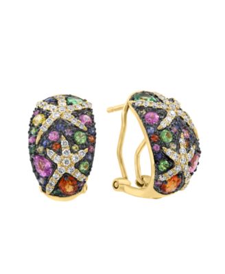 Diamond and Multi-Sapphire Huggie Earrings (1/2 ct. t.w. Diamond, 2-1/10 ct. t.w. Sapphire) in 14k Yellow Gold
