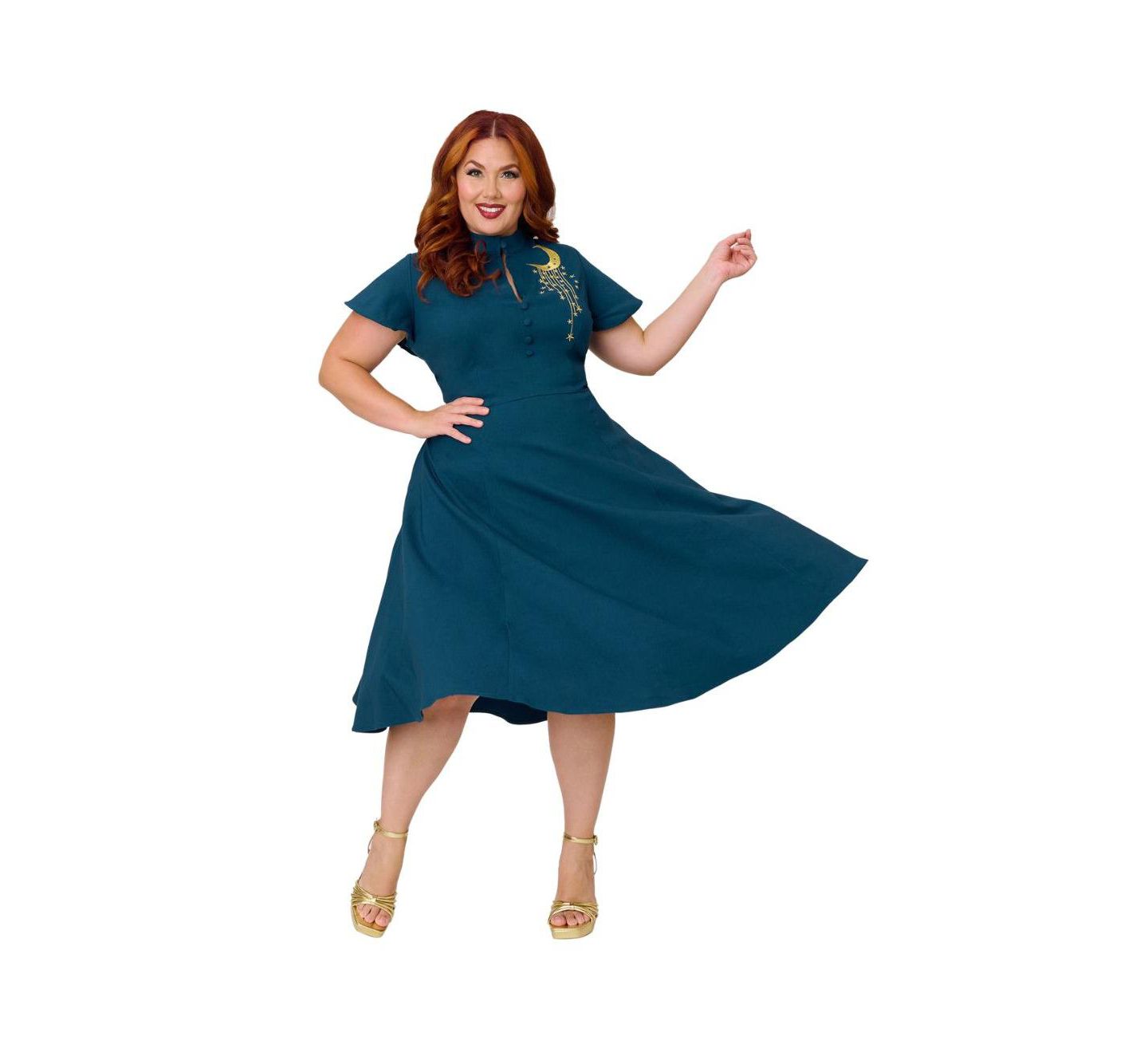 Женское платье Unique Vintage Plus Size 1940s Baltimore Swing, цвет: Синий / Золотой — фото 2