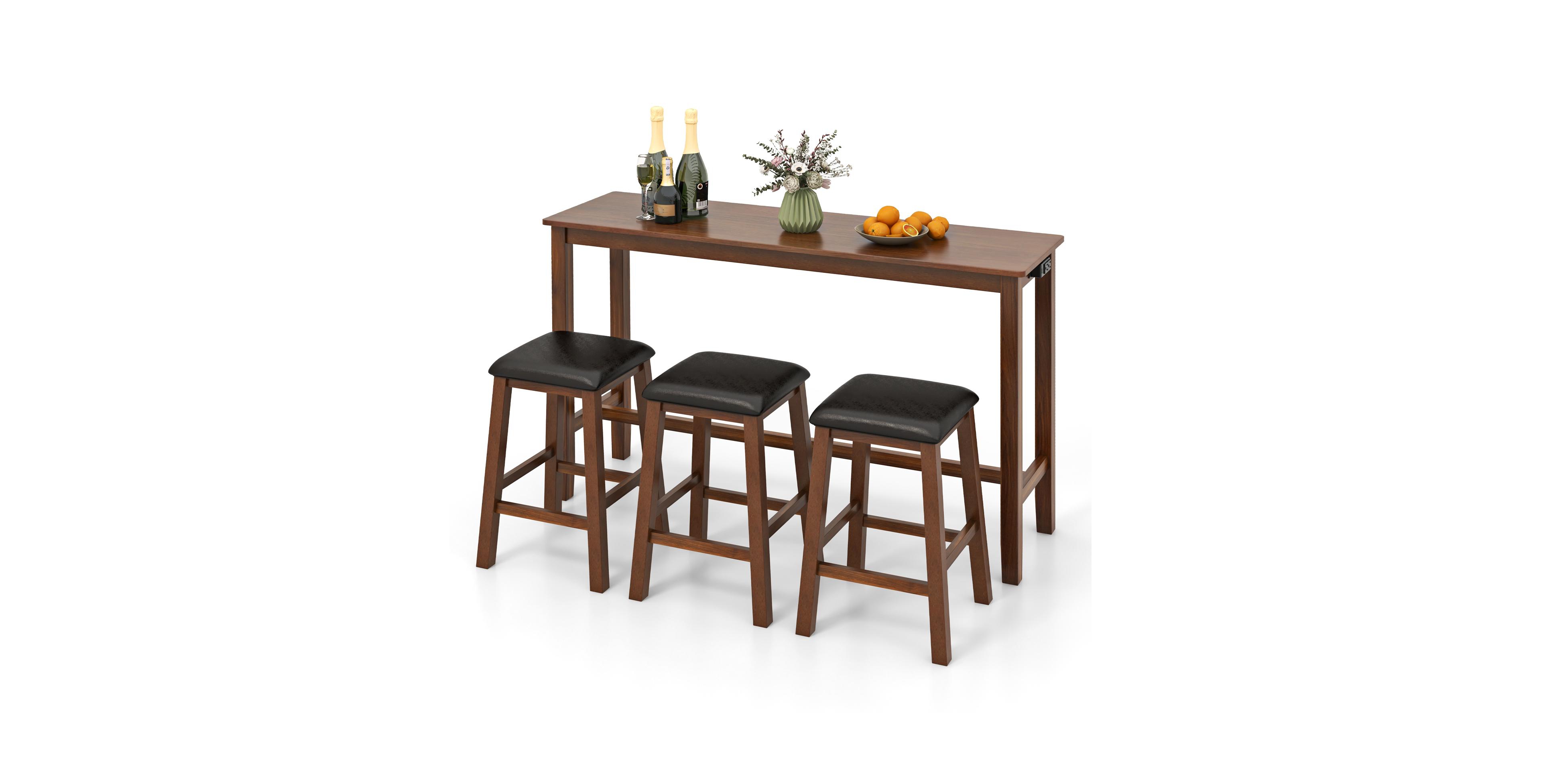Mecale 4-Piece Bar Table Set with 3 Stools and Power Outlets, Walnut