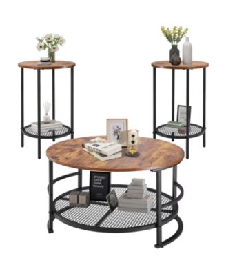 3-Piece Industrial Round Coffee Table Set with 2 End Tables