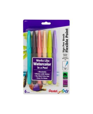 Arts Sign Pen Brush, Flexible Nib, Assorted Colors, 6-Pack