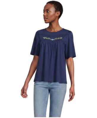 Women's Elbow-Sleeve Slub Jersey Embroidered Pintuck Blouse