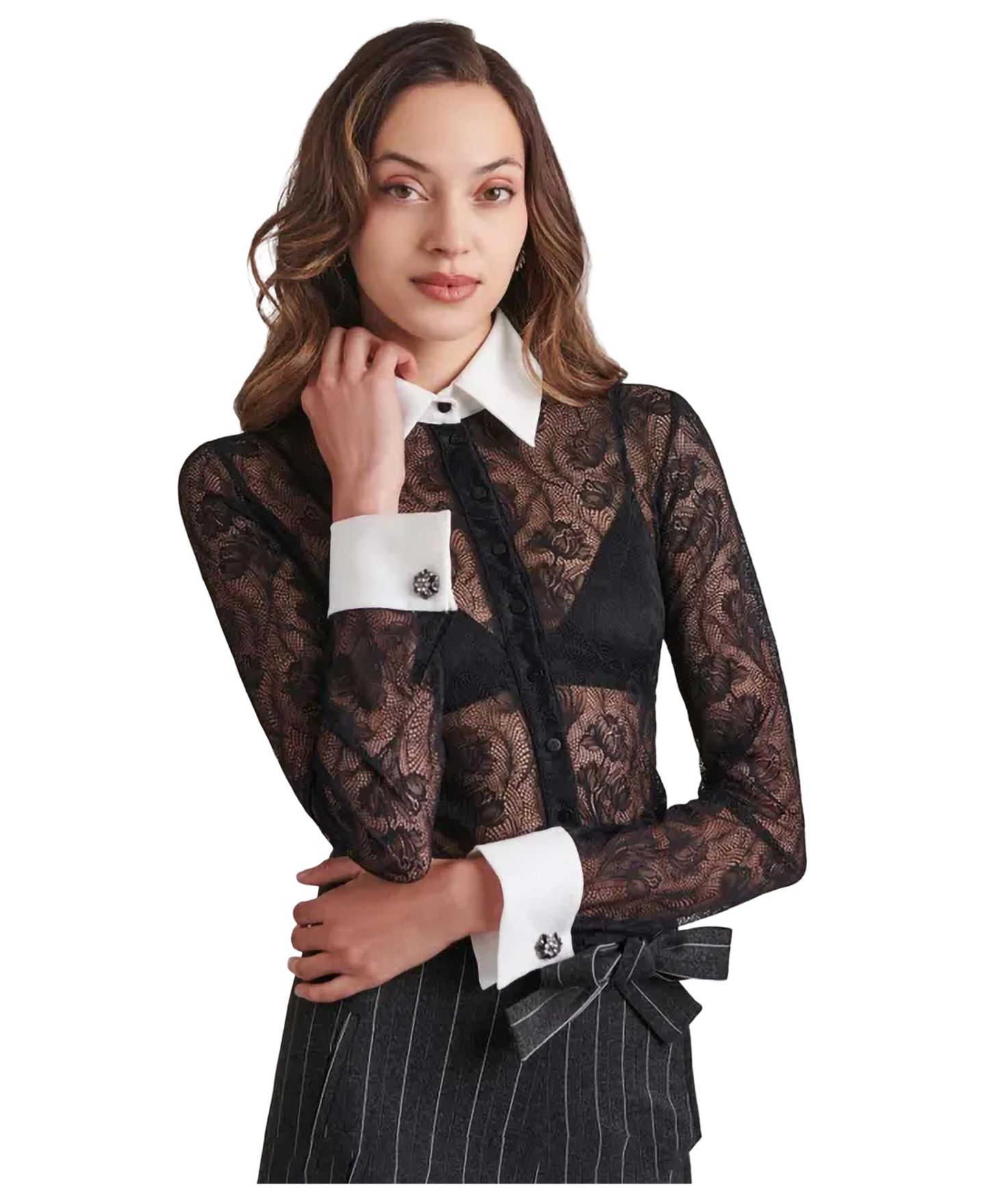 Женская рубашка Anne Fontaine Yvonna Long-Sleeve Lace French-Cuff, цвет: Чёрный — фото 1