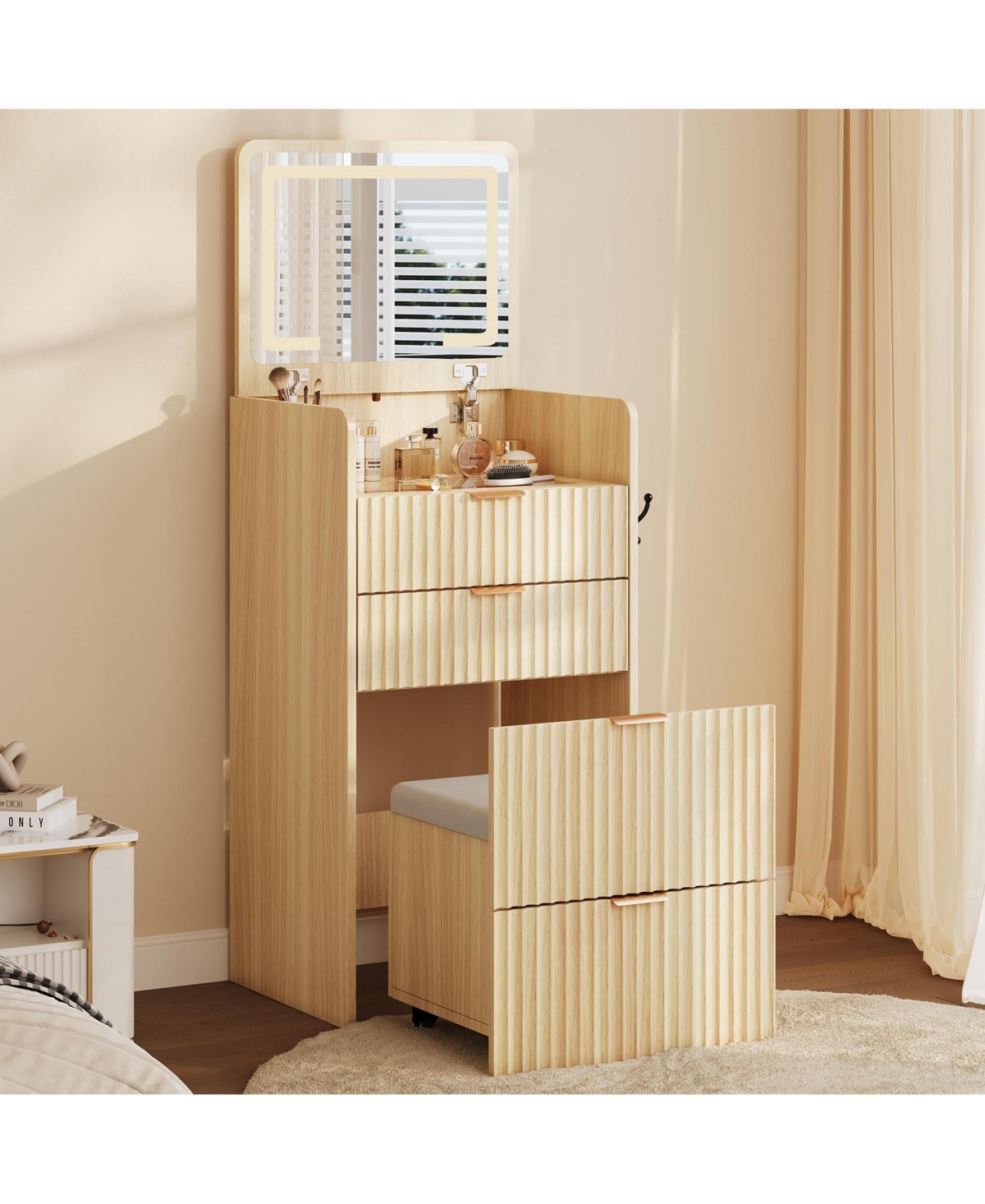 homfan 3-In-1 Vanity Desk With Illuminated Mirror and Rolling Stool, Makeup Dressing Table Featuring 3 Storage Drawers - Natural