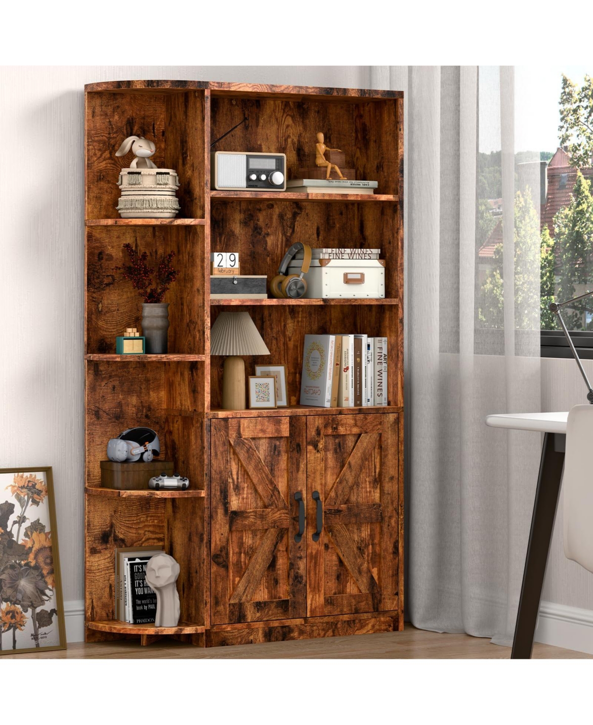 Vabches 56.1 Inch Adjustable Shelf Corner Bookcase with Cabinet Doors