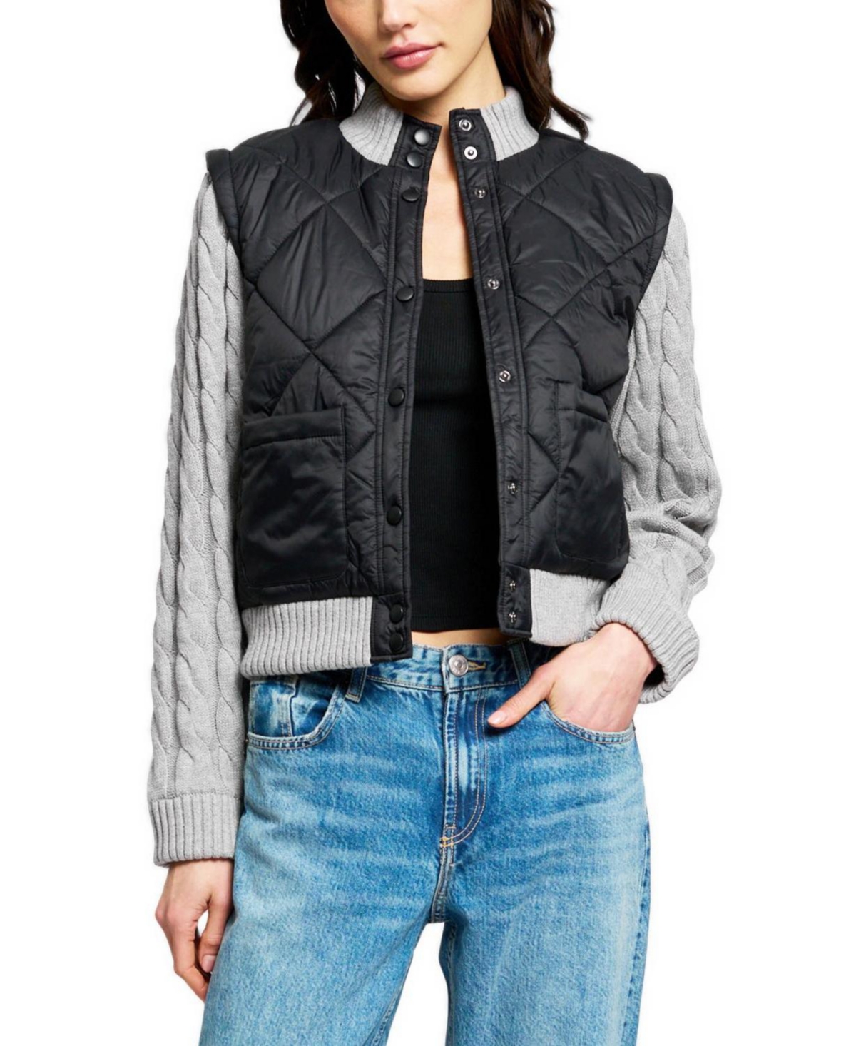 Central Park West Women's Ember Cable-Knit Mock Neck Quilted Sweater