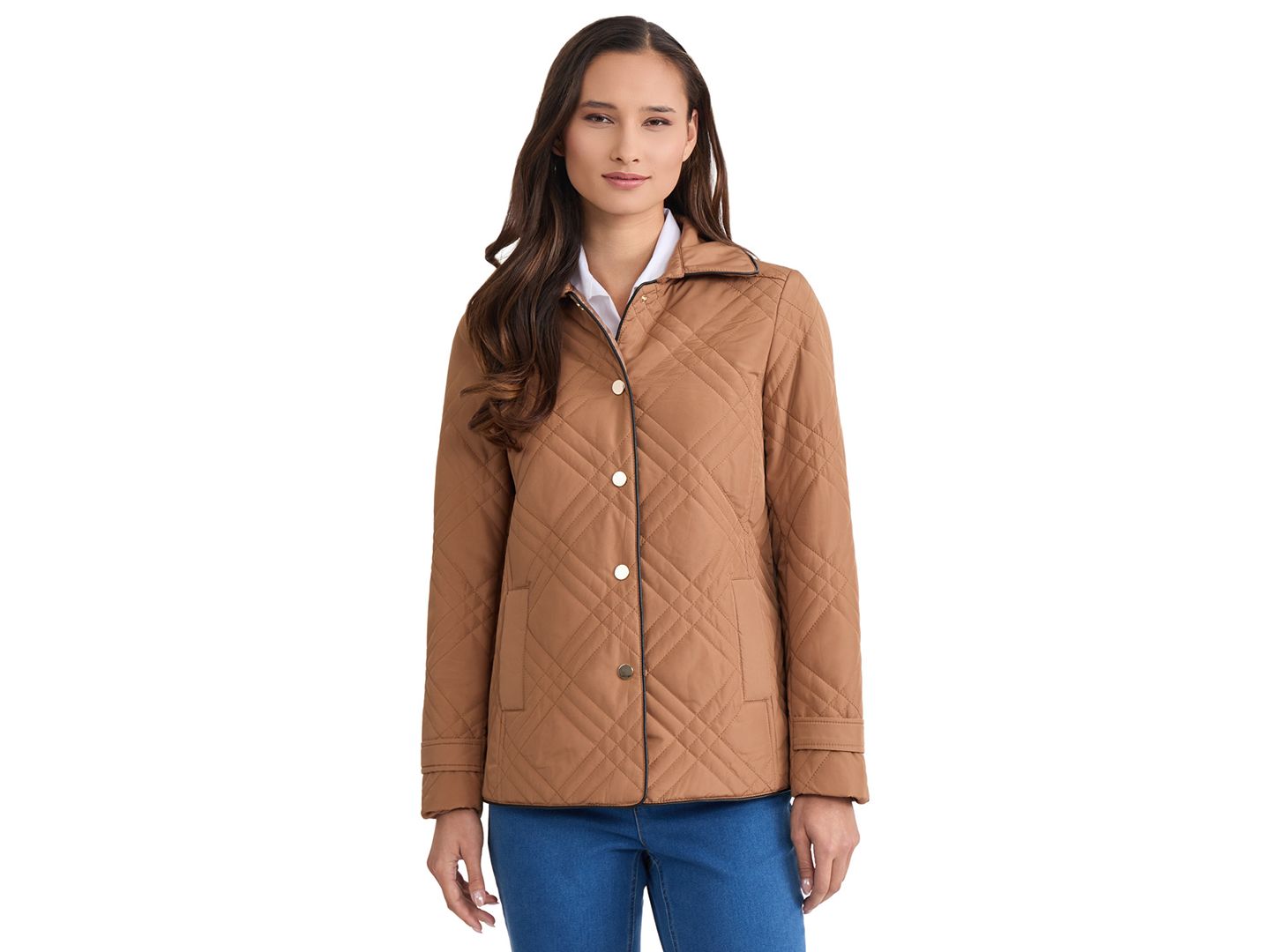 Женская куртка Jones New York Triple-Diamond-Quilted Faux-Leather-Piping, цвет: Карамельный / Чёрный — фото 1
