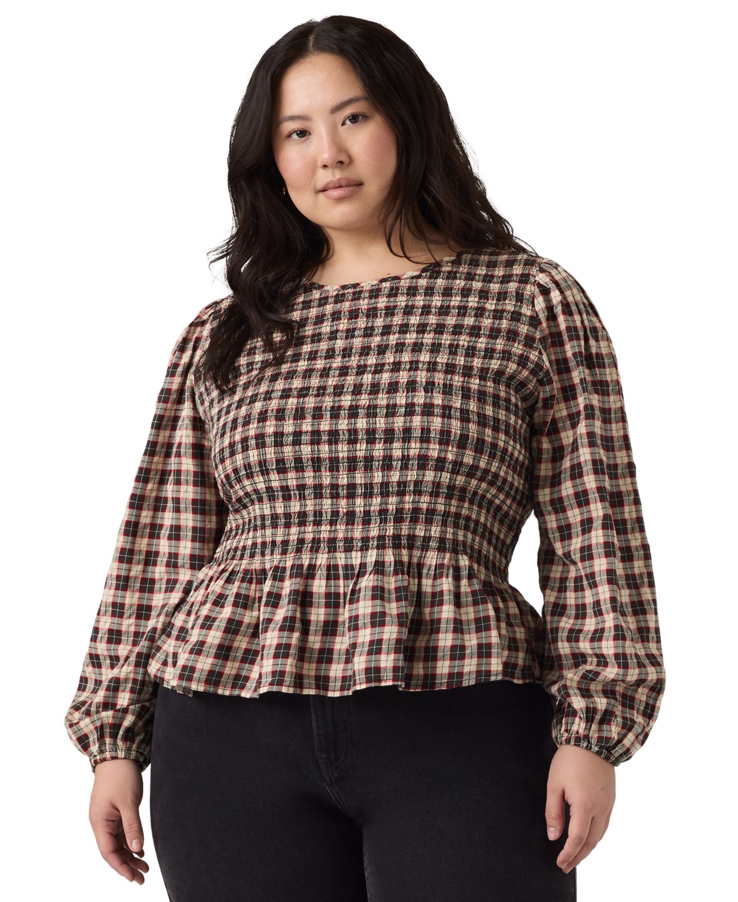 Женская блузка Levi's Ashton с цветочным принтом и баской, больших размеров, цвет: Клетчатый устричный серый — фото 1