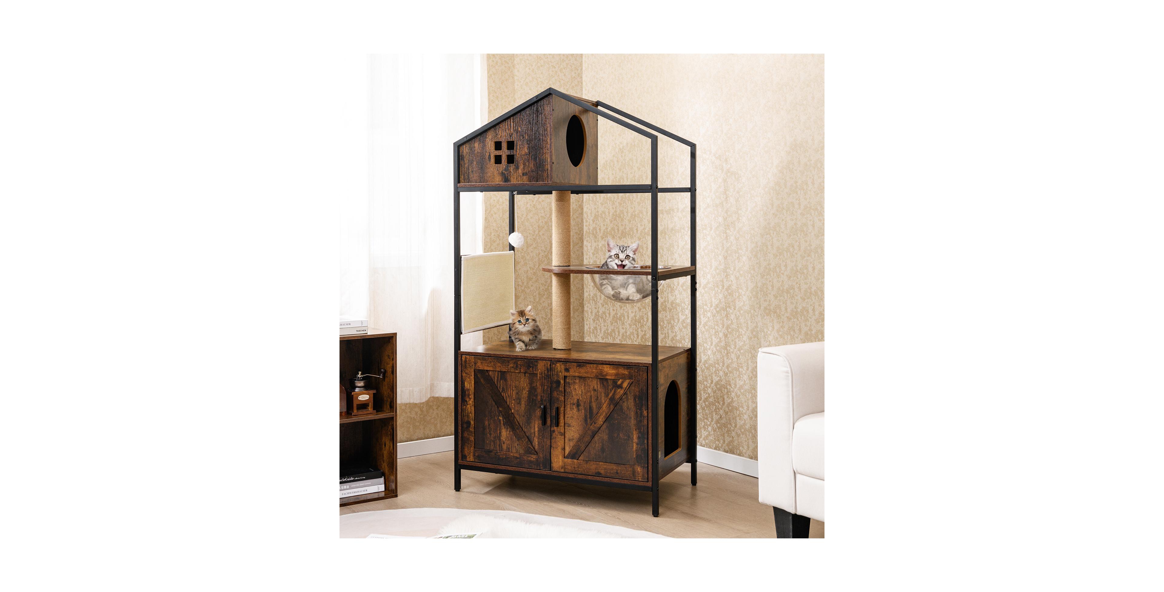 Zeny Cat Tree with Litter Box Enclosure Industrial Tower with Condo