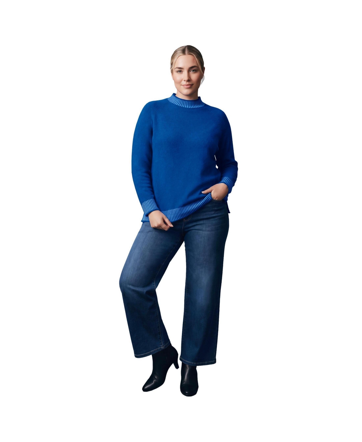 Avenue Plus Size Corinne Mock Neck Contrast Ribbing Raglan Sweater - Dark sapphire