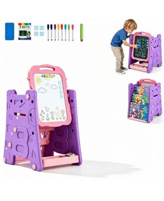 3-in-1 Kids Double Sided Art Easel, Magnetic Whiteboard and Chalkboard Standing Drawing Board with Adjustable Height Angle