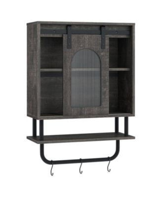 Bathroom Wall Cabinet with Sliding Barn Door and Metal Hanging Bar with 3 Hooks