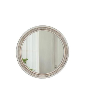 Round Wall Mirror 23.62 Inch Distressed White Frame Beaded Trim Decorative Mirror