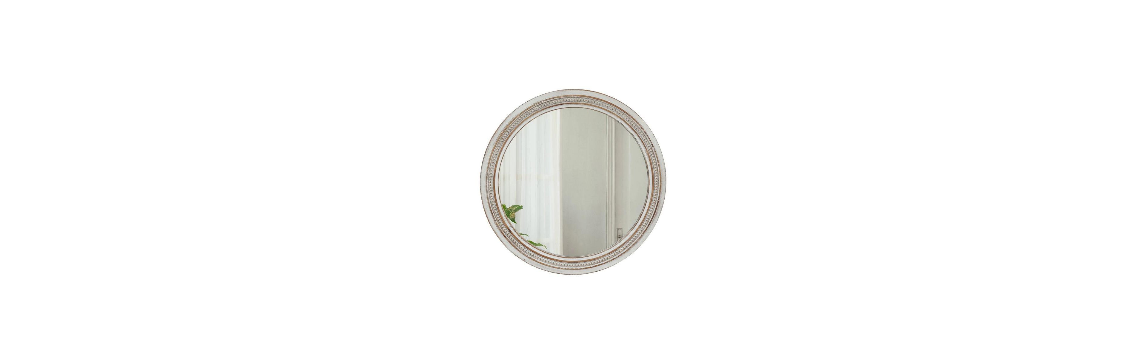 Busdays Round Wall Mirror 23.62 Inch Distressed White Frame Beaded Trim Decorative Mirror