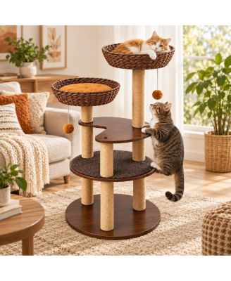 Cat Tree Multi-Level Cat Tower with 2 Handwoven Rattan Nests, Sisal Scratching Posts and Hanging Pom-Pom Toys for Multi-Cat Household
