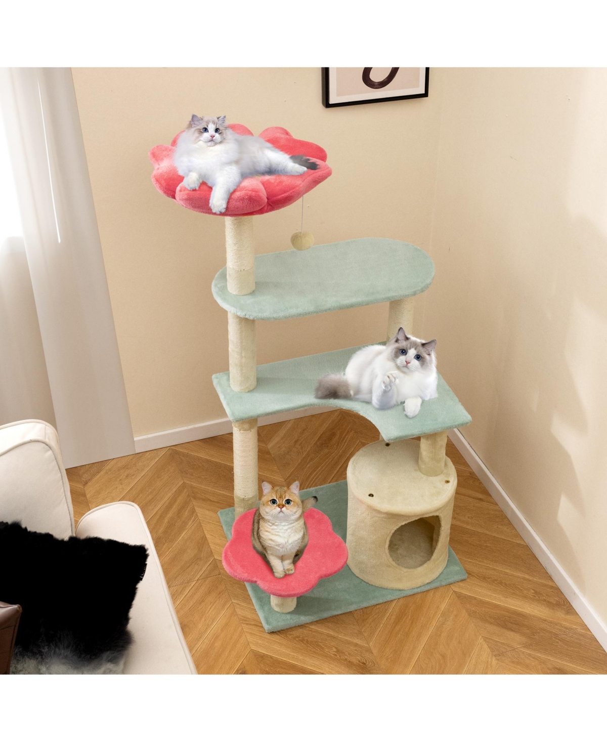 Zeny 49 Inch Multi-Level Aesthetic Floral Kitten Tower with Padded Perch
