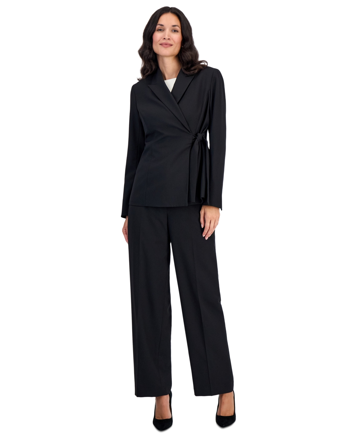 Le Suit Petite Peak-Lapel Side-Tie Wide-Leg Jacket and Pants, 2-Piece Set - Black