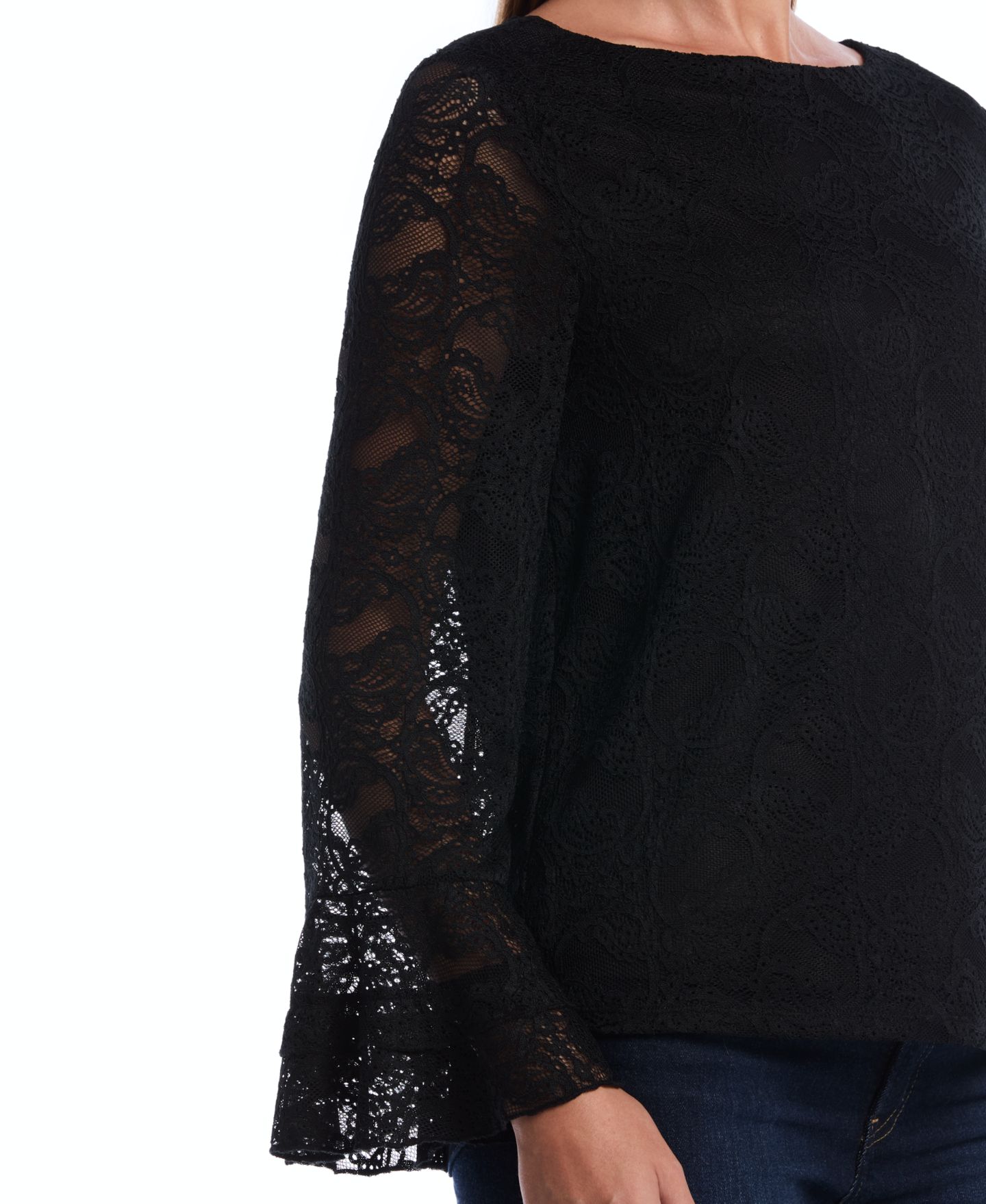 Женская блузка Rafaella Petite Boat Neck Lace Long-Ruffle-Sleeve, цвет: Чёрный — фото 4