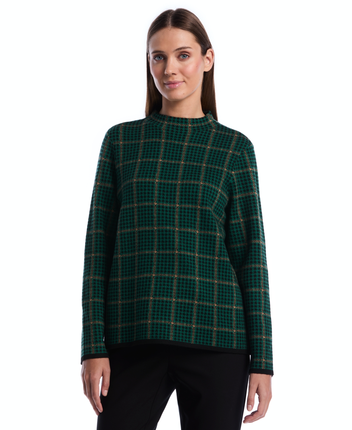 Rafaella Petite Mock-Neck Long-Sleeve Plaid Pullover Sweater