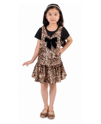 Girls' 2T-6X Sequin Velvet-Bow Dress and T-Shirt, 2-Piece Set