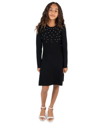Girls' 7-16 Sweater Knit Imitation Pearl Long-Sleeve Fit-and-Flare Sweater Dress