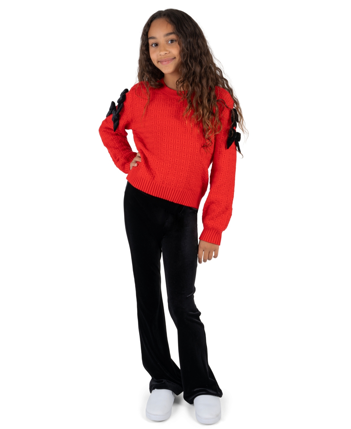 Stella 88 Girls' 4-16 Velvet Bow Balloon-Sleeve Flare Sweater and Pants, 2-Piece Set