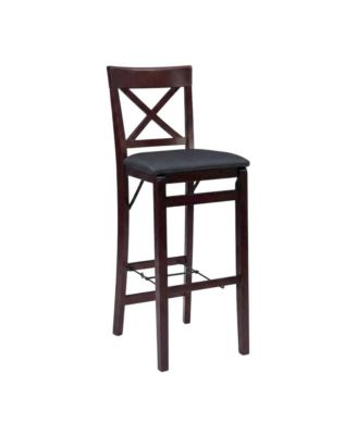 Rubberwood Folding Bar Stool with X-Back, Padded Bar Seat