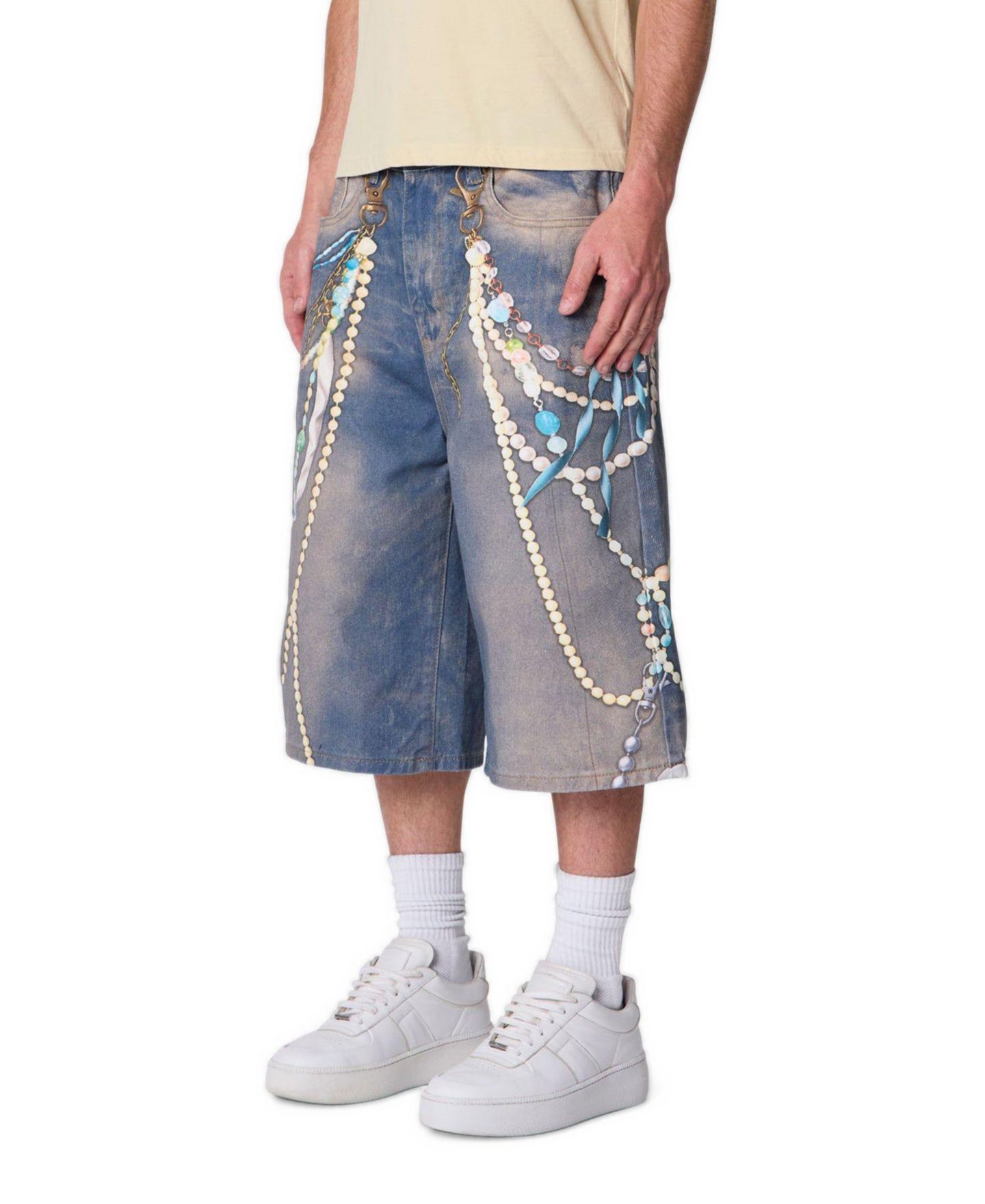 Мужские шорты mnml Chain Printed Baggy Denim, 14" Inseam, цвет: Средний синий — фото 3