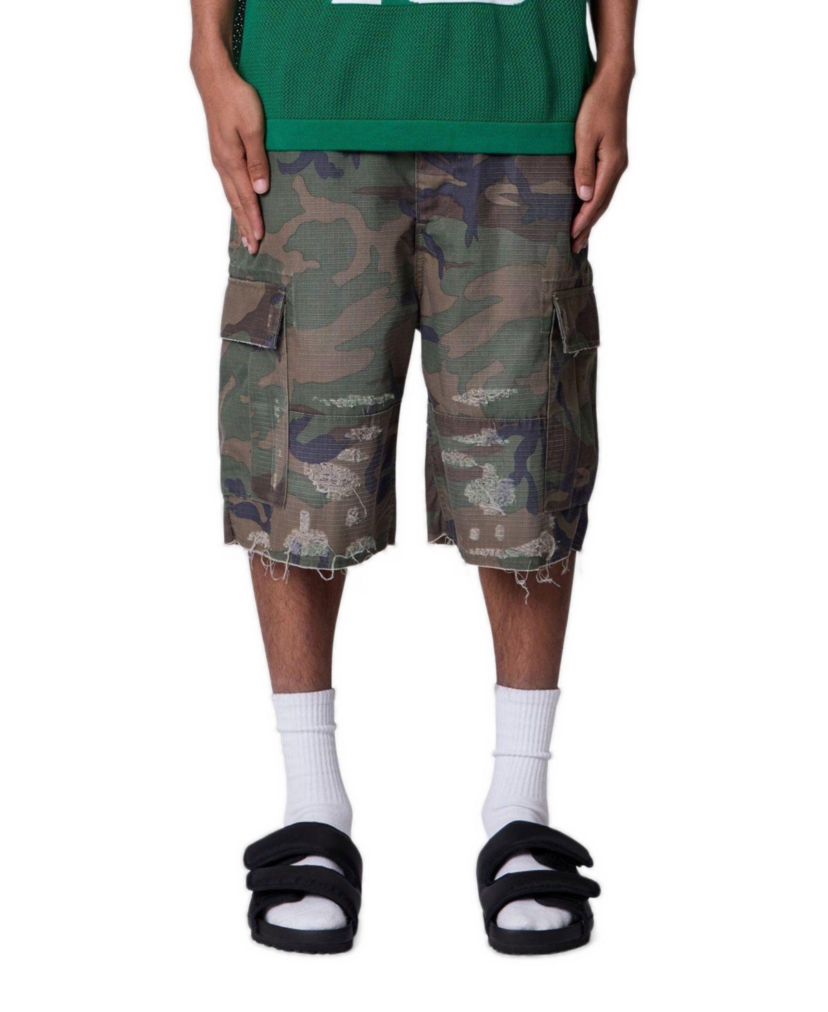 mnml Men's Baggy Distressed Camo Cargo Shorts, 10" Inseam - Green